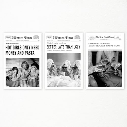 Yuaruo Set mit 3 trendigen Zeitungs-Leinwandkunst, Vintage-Poster in Schwarz und Weiß, ästhetische Poster, flippiges Besser spät als hässlich, modischer Wandkunstdruck, Studentenwohnheim,