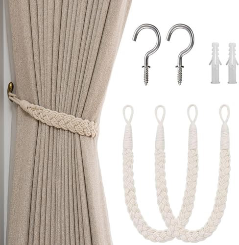 2PCS Curtain Rope Buckle, Curtain Tie Backs and Accessories, Natural Cotton Curtain Ties Braided, Hand Knitting Boho Style Curtains Tied Rope for Living Room, Bedroom, Cafe,Office Drapery (Beige)