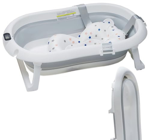 LinaSmile® Bañera para bebé con termómetro, estructura y cojín, antideslizante y plegable, 0-2 años, gris