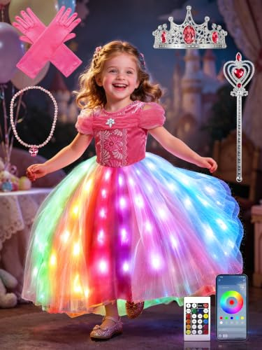 BLINGCOS Robe de Princesse LED Lumineuse pour Filles - Synchronisation Bluetooth avec Appli Musicale Deguisement Princesse Fille - Halloween, Noël, Carnaval et fête d'anniversaire, 2-10 Ans