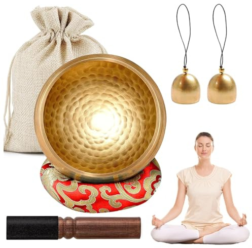 Tibetan Singing Bowl Set, meditation singing bowl made of brass, 8.6 cm diameter, comes with a wooden singing bowl base, 2 brass bells and a storage bag, for yoga and meditation