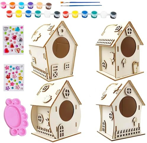 Paint Bird House for Children, Bird House Building Kit, Build Your Own Bird House, Unfinished Decorative Art Activity with Rope and Glue for 8-12 Girls Outside the Outdoor Party