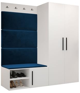 Mirjan24 Garderoben-Set Mapreni I, Schuhschrank + Kleiderhakenbrett + Kleiderschrank Gepolstertes Paneel/Wandpaneel Kleiderhaken Flurgarderobe Wandgarderobe (Weiß, Manila 26)
