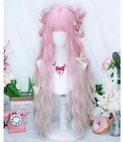 Lange Lockige Lolita Cosplay Perücken Für Frauen Mädchen Gewellt Voll Stirnband Perücke Farbverlauf Für Halloween Party (Sakura Pink-hellrosa)