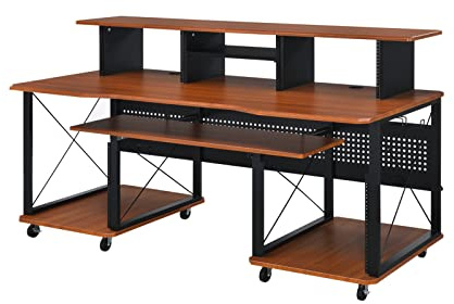 Music Recording Studio Desk with Piano Keyboard Shelf and Holders, 72 Inch Wooden Computer Table for Studio, Functional Design with Bottom Shelf