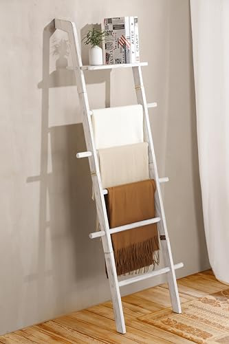 ZUNTO 5-stufige Holz Handtuchleiter mit Ablage und Seitenhaken, Weiß | Gewaschenes Weiß, Leiter-Handtuchhalter für Bad, Wohnzimmer & Schlafzimmer, für Handtücher, Decken und Dekoelemente