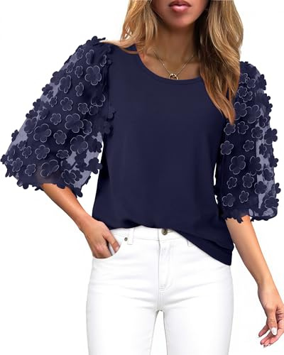 Triratna Women Blouses Summe Casual Crew Neck Cotton Tshirts 3/4 Puff Sleeve Mesh with Appliques Fall Tops Goingout
