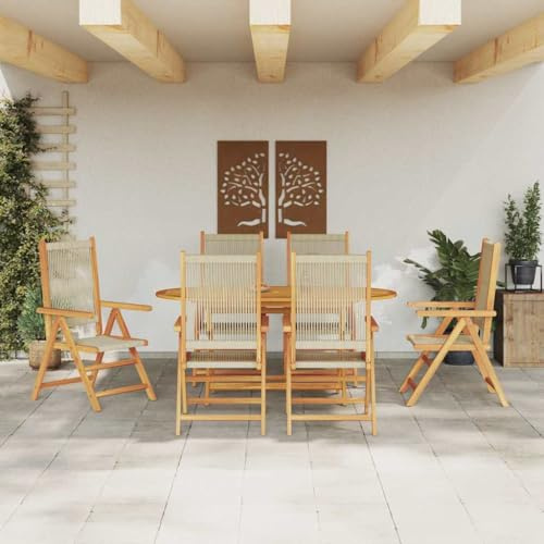 QJBSAVVA Garten Essgruppe 7-Teilig Beige Akazienholz Polyrattan Klappbar für 6 Personen Ovaler Esstisch mit Stühlen Modernes Design Robust für Balkon Terrasse Camping