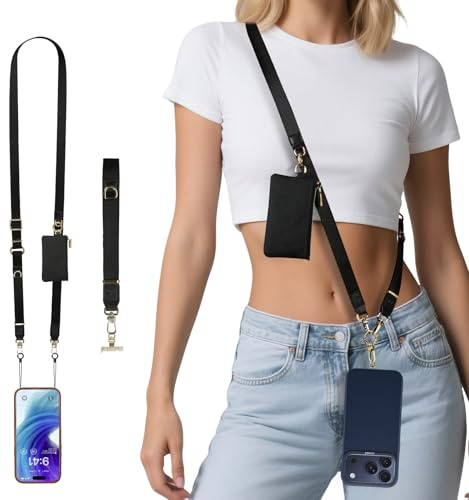 memumi Laccetto Cellulare 3 in 1 [ Tracolla Larga e Portacarte ] – Cordino da Collo Regolabile, Cinturino da Polso e Tracolla a Spalla, Porta Smartphone Chiavi Carte Documenti Hands-Free, Nero