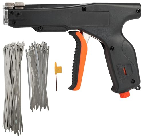 Cable Tie Gun, Metal Cable Tie Cutter with 100x Stainless Steel Cable Ties | Automatic Zip Tie Gun for Tightening Ties