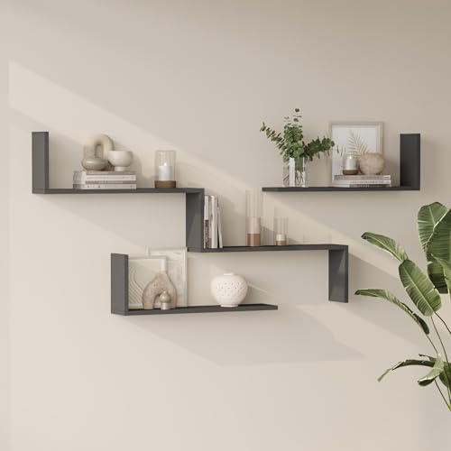 [en.casa] Wandregal Set 3-TLG.Vepinshul modular Hängeregal Bücherregal hängend Ablagen Wohnzimmer Schlafzimmer Schweberegal Anthrazit