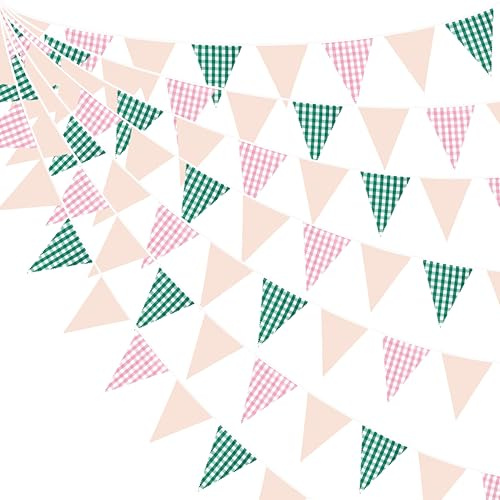 pinkblume 32Ft Vert et Rose Vichy Fanions Guirlandes Guinguette Décoration de Fête Rose Verte Claire écossais Tissu Drapeau Bannière Banderole pour Anniversaire Bapteme Mariage Thé Extérieur Décor