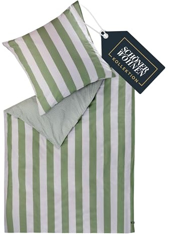 SCHÖNER WOHNEN Panel Bettwäsche 135x200 Baumwolle Grün/Lila - Frühlingsbettwäsche Streifen Design - ÖKOTEX Bettwäsche-Sets 2teilig aus 1x Bettwäschebezug 135x200cm & 1x Kopfkissenbezug 80x80cm