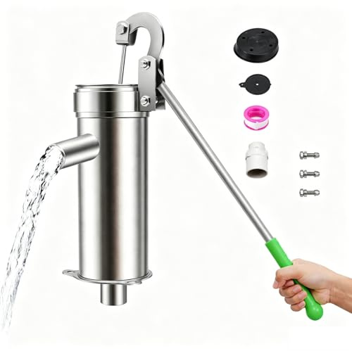 Schwengelpumpe Komplettset, 202 Edelstahl Outdoor Handschwengelpumpe mit ergonomisches 44cm Griff und 25,5 cm Pumpenzylinder, Max. 8m Handwasserpumpe für Gärten, Parks, Teiche