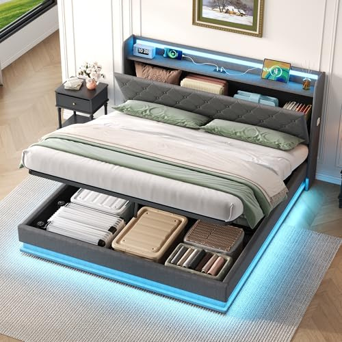 Ball & Cast Double Bed Frame with Storage, Ottoman Upholstered Bed Frame with Headboard Storage & Hydraulic, 4ft6 Linen Doube Bed Frame with LED-Lighting & Charging-Station, 135x190cm, Grey