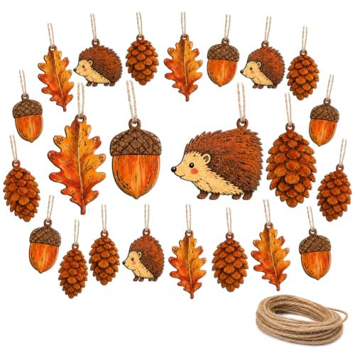24pcs Wooden Autumn Decorations, Autumn Leaves Decorations for Home | Large 10cm Acorn and Pinecone Hanging Tree Decor with Rustic Twine Perfect for Crafting Harvest Fall Pendant and Party Favors