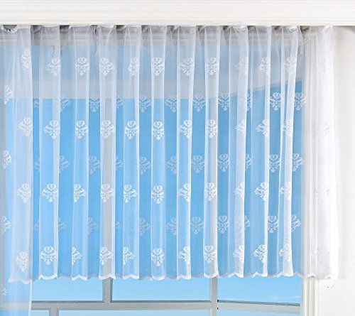Jacquard Bogenstore Gardine, 145x450, Barock Blumenmuster Weiß Kräuselband Universalband Faltenband Store, 13142