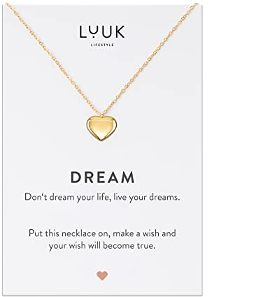 LUUK LIFESTYLE Collier avec pendentif cœur en acier inoxydable et carte DREAM, porte-bonheur, bijou femme, personnalisé cadeau, ado fille, accessoire de mode, résistant, Or(env. 50cm)