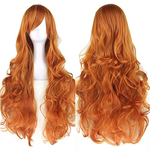 Fouriding 31 Orange Women's Long Curly Wave Cosplay Party Wigs Hairpieces Hair Cap Lolita Style Anime Wig