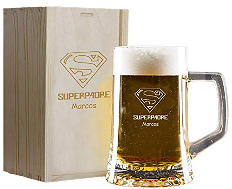 CALLE DEL REGALO Nouvelles cruches à bière dans une boîte en bois (Jarra de Bière 'Superpère' gravé avec son nom avec boîte en bois)