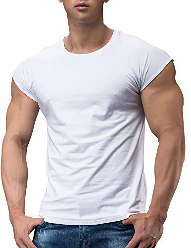 Herren Sportlich T-Shirts Tees Kurz Ärmel Bodybuilding Trainieren Ausbildung Fitness Tops Crew Hals Baumwolle Weiß M