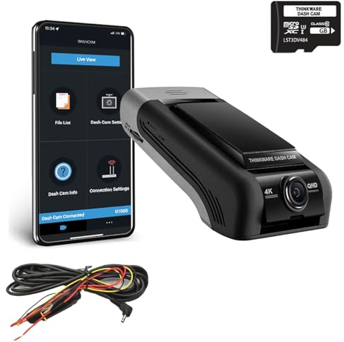 Thinkware U1000 Dash Cam -4K UHD 2160p Front Car Dash Camera with Built-in Wi-Fi & GPS, Super Night Vision & Hardwire Lead For Battery Safe Parking Mode -Includes 32GB SD Card - Android/iOS Cloud App