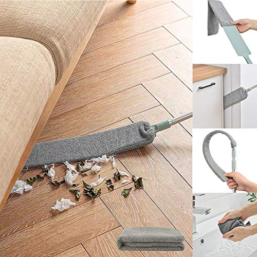 Cepillo de polvo de microfibra para debajo del electrodoméstico con poste de extensión (40 a 55 pulgadas), flexible, lavable, extensible, para sofá, cama, parte inferior de muebles, gris húmedo o seco