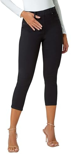 Roman Originals Cropped Jeggings for Women UK Ladies Capri Stretchy Jeans Denim Legging Cotton Summer Trouser Three Quarter 3/4 Length Pull On Cut Off High Waist Smart - Black - Size 20