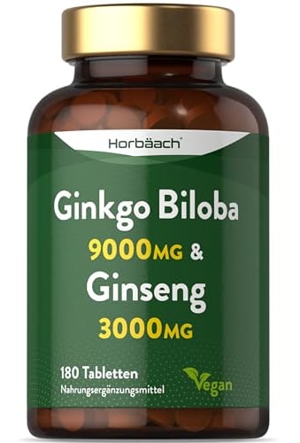 Ginkgo Biloba und Ginseng Tabletten | Ginkgo 9000 mg & Koreanische Ginsengwurzel 3000 mg | 180 vegane Tabletten | von Horbaach