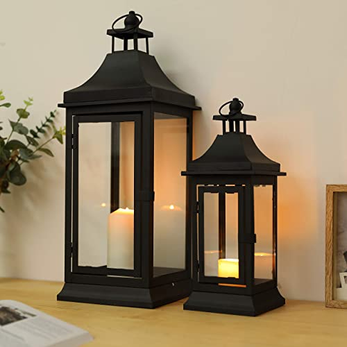 JHY Design Set di 2 lanterne per candele da esterni altezza 33cm e 49,5 cm a candela decorative lanterne stile vintage a torre in metallo per giardino soggiorno interni feste matrimoni balcone nero