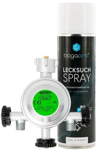 BOGAPRO Gasdruckregler mit Manometer, Niederdruckregler 50 mbar 1 kg/h, Caravanregler mit 1/4 Linksgewinde, inkl. Lecksuchspray und Polybeutel