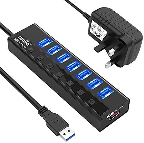 Powered USB Hub 3.0, atolla 7-Port USB Data Hub Splitter and One Smart Charging Port, USB Extension Hub with Individual On/Off Switches and 5V/4A Power Adapter