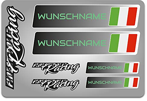 4er Set Aufkleber mit Fahne Flagge und wahlweise Name Sticker für Auto Fahrrad Motorrad Roller Helm im Rallye Racing Design R156 (15 Italien, Mit Wunschname)