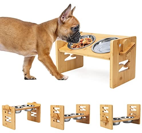 Erhöhte Hundenäpfe verstellbar, erhöhter geneigter Futternapf für französische Bulldogge, abgeschrägter Futternapf für kleine und mittelgroße Hunde, Welpen, mit Bambusständer und 2 Edelstahlnäpfen