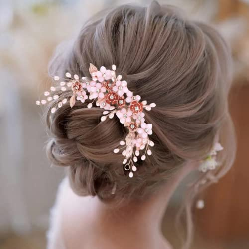 ISLHJDD Crystal Bridal Flower Wedding Hair Vine Pearl Hair Accessories Bridal Hair Clip Bridal Headband Headpiece for Women and Girls (Pink B)