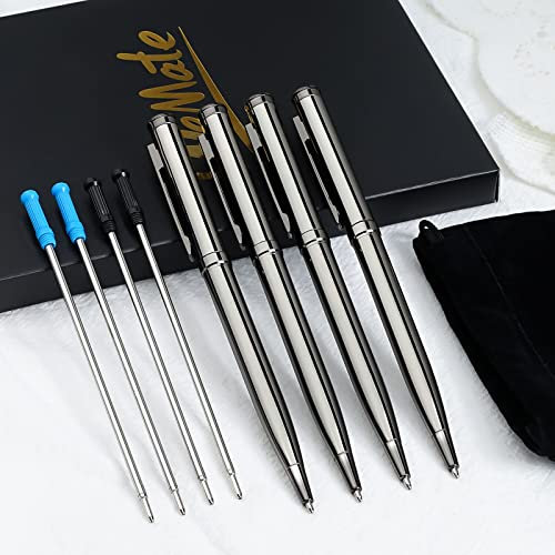 WEMATE 4 schlanke, einziehbare Kugelschreiber, extra 4 Tintenminen in Schwarz und Blau, Metallstift, 1,0 mm mittlere Spitze, Schreibstifte mit Geschenkbox für Büro, Lehrer und Hochzeit, graue schöne