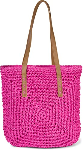 styleBREAKER Damen Papierstroh Schultertasche mit langen Henkeln, Strandtasche, Korbtasche, Flechttasche, Shopper 02012388, Farbe:Pink