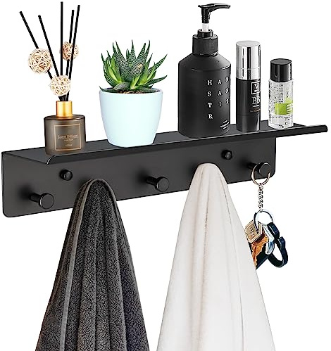 SIMVE Bathroom Towel Rack Wall Mounted, Rustproof Aluminium Shelf with 5 Bath Robe Hook, Decor Display Storage, Hot Tub Accessories, Hanging Hanger for Hat, Key, Bag Holder, Bathtub