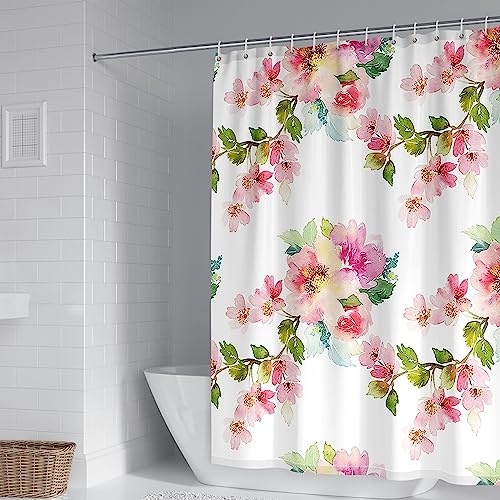 Banemi Duschvorhang 90X180, Duschvorhang Stoff Waschbar Rosa Grün Blumen und Blättermuster Schöner Duschvorhang