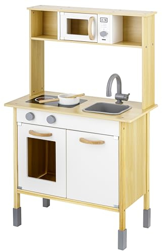 Baroni Toys Cocina de Juguete de Madera Montessori para Niños, Mini Cocina de Madera para Niños, Juego de Cocina con Horno Microondas Fregadero y Horno, Juego Niños 3 4 5 6 7 Años, 58x30x96 cm