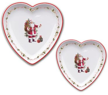ARCA, Set di 2 Piatti in Porcellana a Forma di Cuore, con Decorazione Natalizia Babbo Natale, Resistenti e duraturi, Ideali per la Tavola, Idea Regalo di Natale, in Diverse Misure