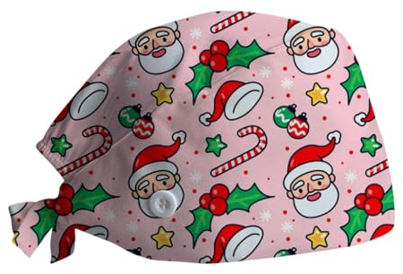 HINGTAT Gorro de trabajo para mujer, sombrero de limpieza, gorro de Navidad, turbante con botones, lazo en la espalda, sombrero de limpieza ajustable, tocado para mujer con banda para el sudor para