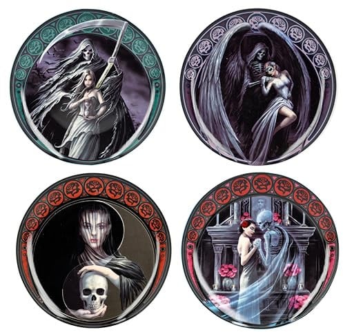 Figuren Shop GmbH Anne Stokes Lot de 4 assiettes – Dance with Death by Anne Stokes | Assiette gothique Fantasy Squelette Grim Reaper Faucheuse