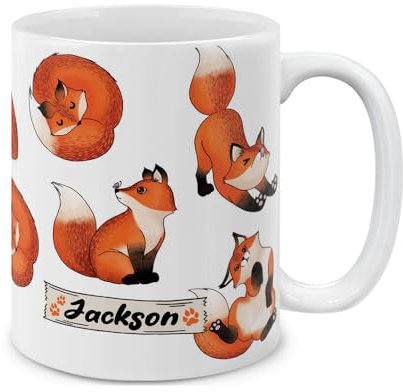 MUGBREW Personalized Coffee Mug with Your Name or Text, Customized Gifts For Christmas Birthday Anniversary, Ceramic 11 OZ Coffee Mug Tea Cup - Red Fox Funny Playful Postures Pattern