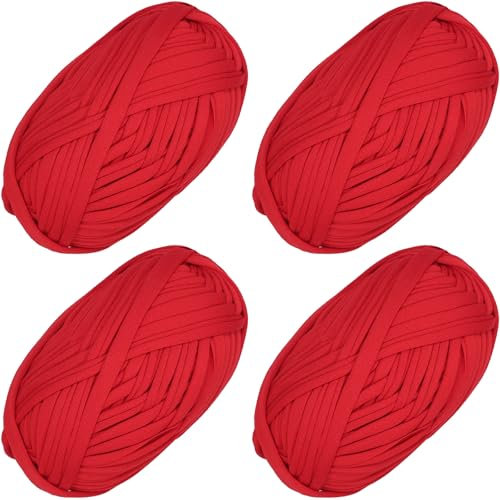 4 PCS Anfänger T-Shirt Garn elastischen Stoff häkeln Tuch Garn für DIY Stricken, Spaghetti Garn dicke Strickgarn für Hand DIY Tasche Decke Kissen Häkeln Projekte, Home Decor(Rot)