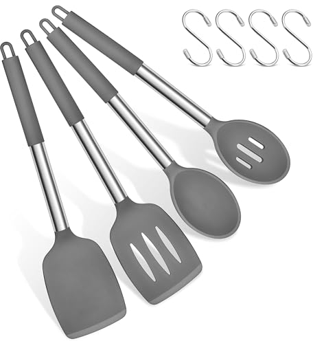 Herogo Set di cucchiai da cucina, silicone e acciaio inossidabile, utensili da cucina, pentole con manico in acciaio inox, durevoli e lavabili in lavastoviglie, grigio, 8 pezzi