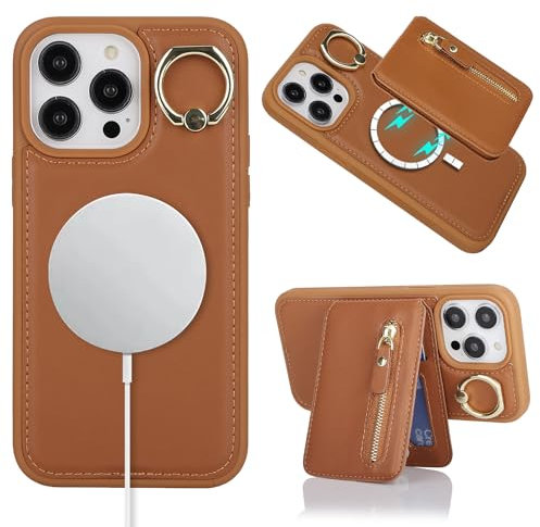 Coque Magnétique pour iPhone 13 Pro - Compatible avec MagSafe - Etui iPhone 13 Pro Portefeuille avec Porte Carte avec Anneau Béquille - Pochette Housse Coque pour iPhone 13 Pro-Marron