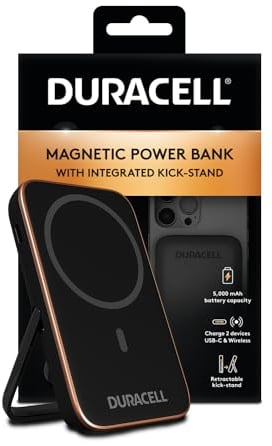 Duracell Magnetic Powerbank 5000mah Magsafe Compatible Fast Charging Wireless Powerbank with Flip Stand Slim External Battery for iPhone, iPad, Android, Samsung & Airpods