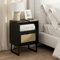 HEYZOEY Rattan Bedside Table,Modern Boho Farmhouse Wood Nightstand with Storage Drawer and Open Shelf,Small Gold Frame Side Table for Bedroom,Living Room,Office(Black)