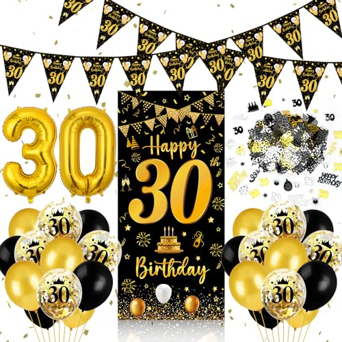 30. Geburtstag Deko fr Mann und Frau - Schwarz-Gold Banner, Luftballons, Wimpel, Girlande, Konfetti, Tr Deko und Hintergrund fr Party Deko